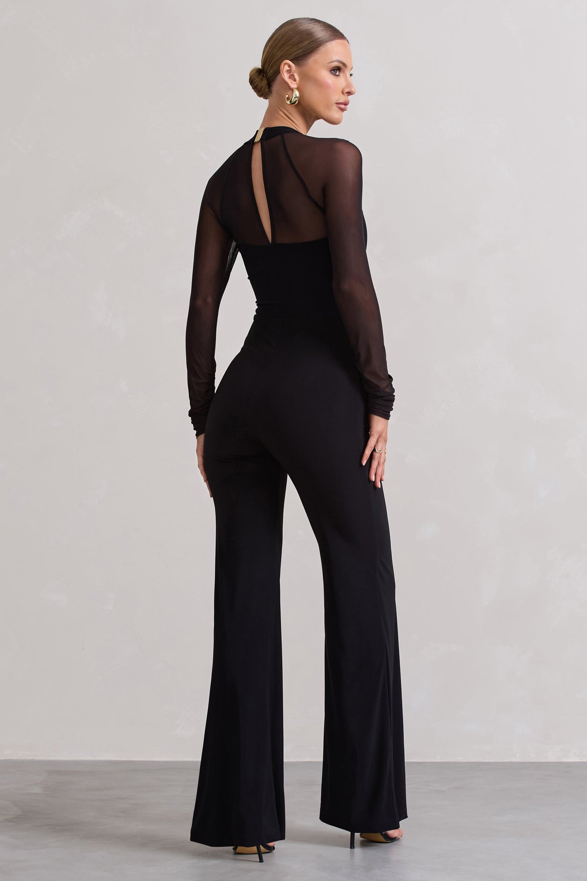 On Track Black Flared-Leg Jumpsuit With Sheer Sleeves – Club L London - UK