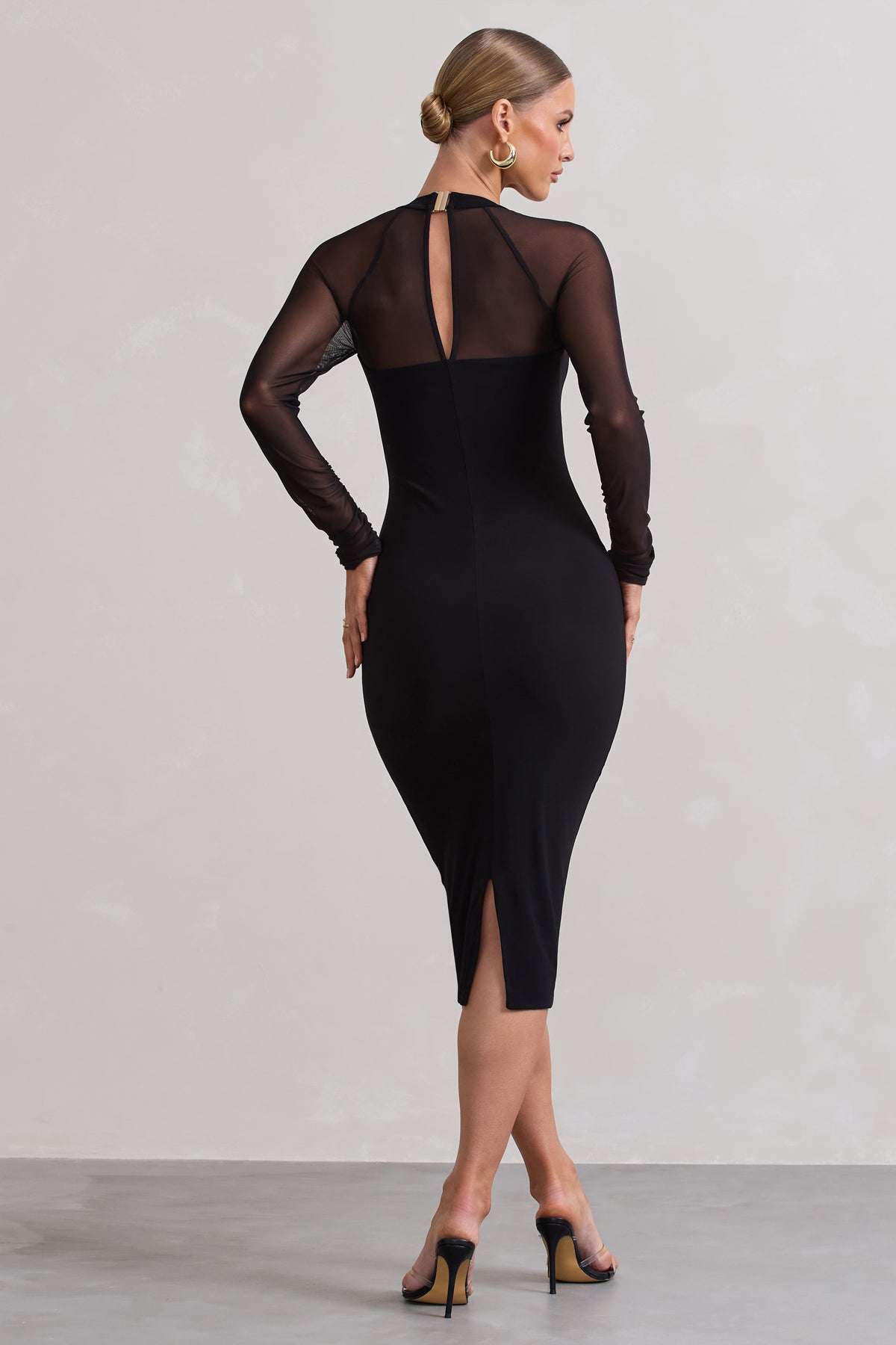 Off Track Black Bodycon Midi Dress With Sheer Sleeves Club L London UK off-track-black-bodycon-midi-dress-with-sheer-sleeves-club-l-london-uk