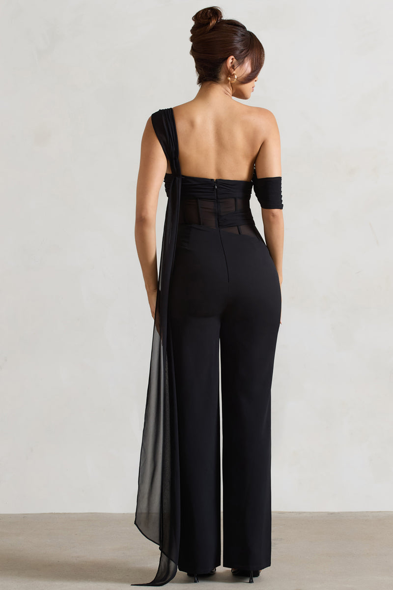 Fatale Black Draped-Sleeve Corseted Jumpsuit With Sash – Club L London - UK