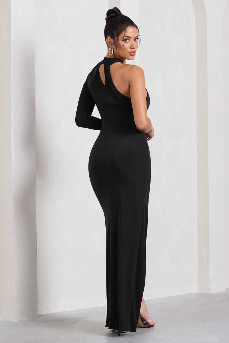 Alina Black Ruched High-Neck Asymmetric Split Maxi Dress – Club L ...