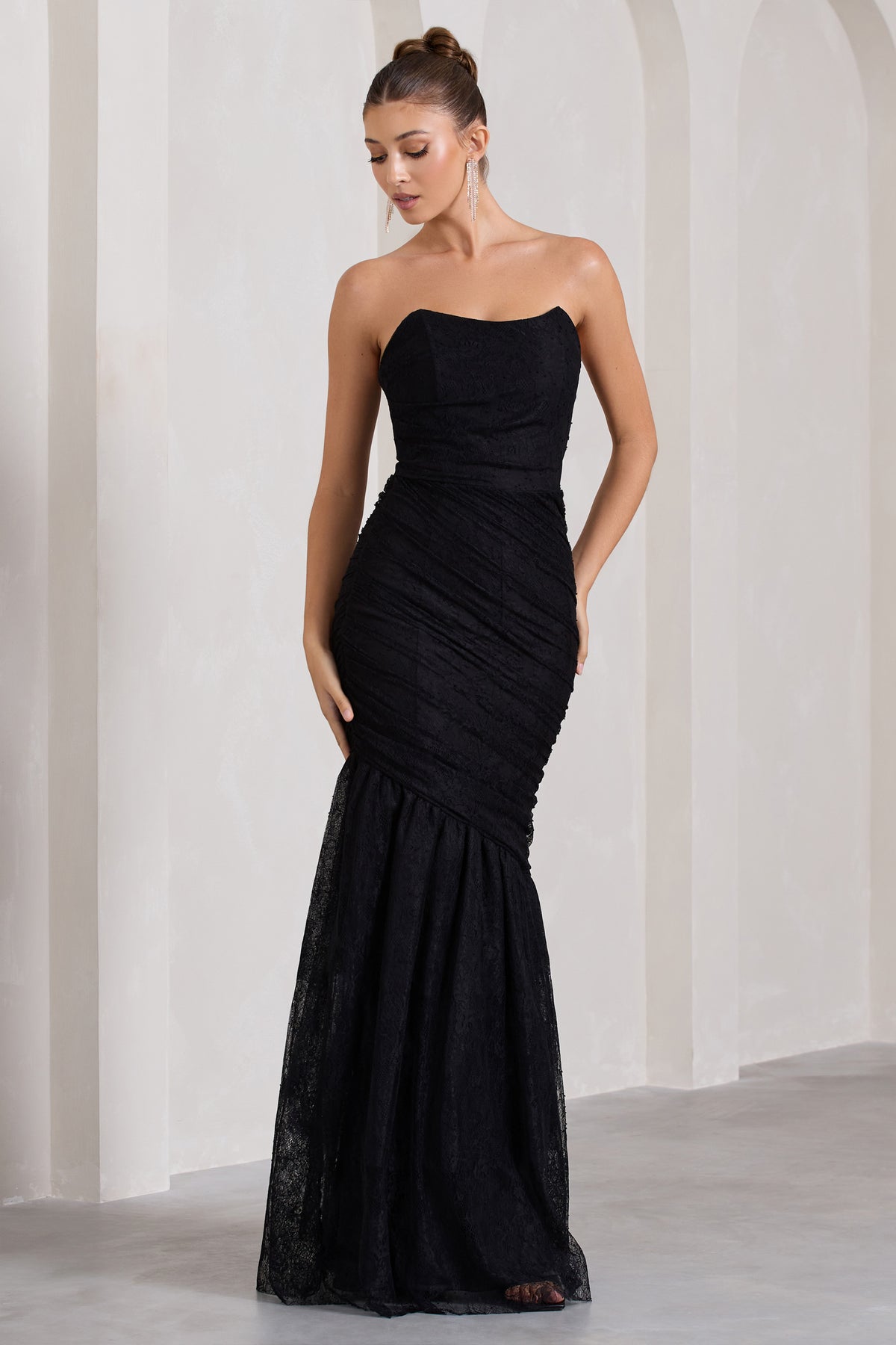 Encapsulate Black Lace Ruched Strapless Fishtail Maxi Dress – Club