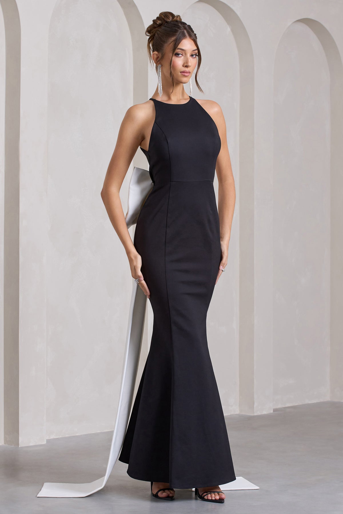Bestow Black Open-Back Maxi Dress With Oversized White Bow – Club L ...