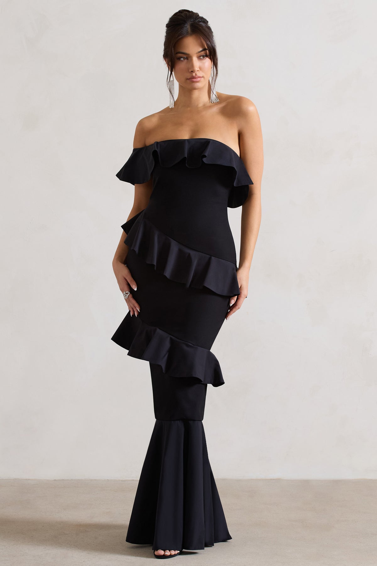 Cinematic Black Bardot Ruffled Fishtail Maxi Dress – Club L London - UK