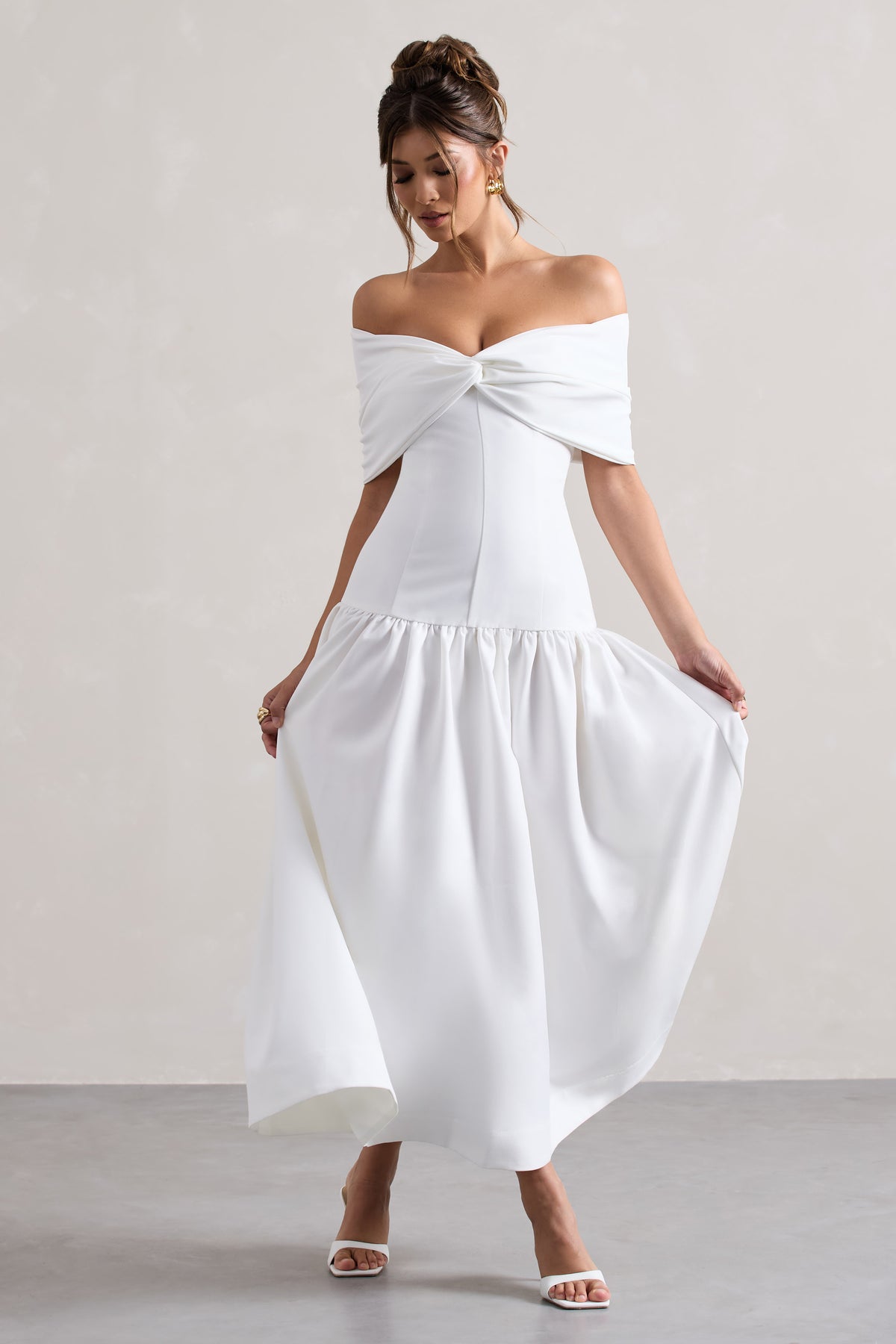 Marguerite White Twisted Bardot Drop Waist Maxi Dress Club L London Uk