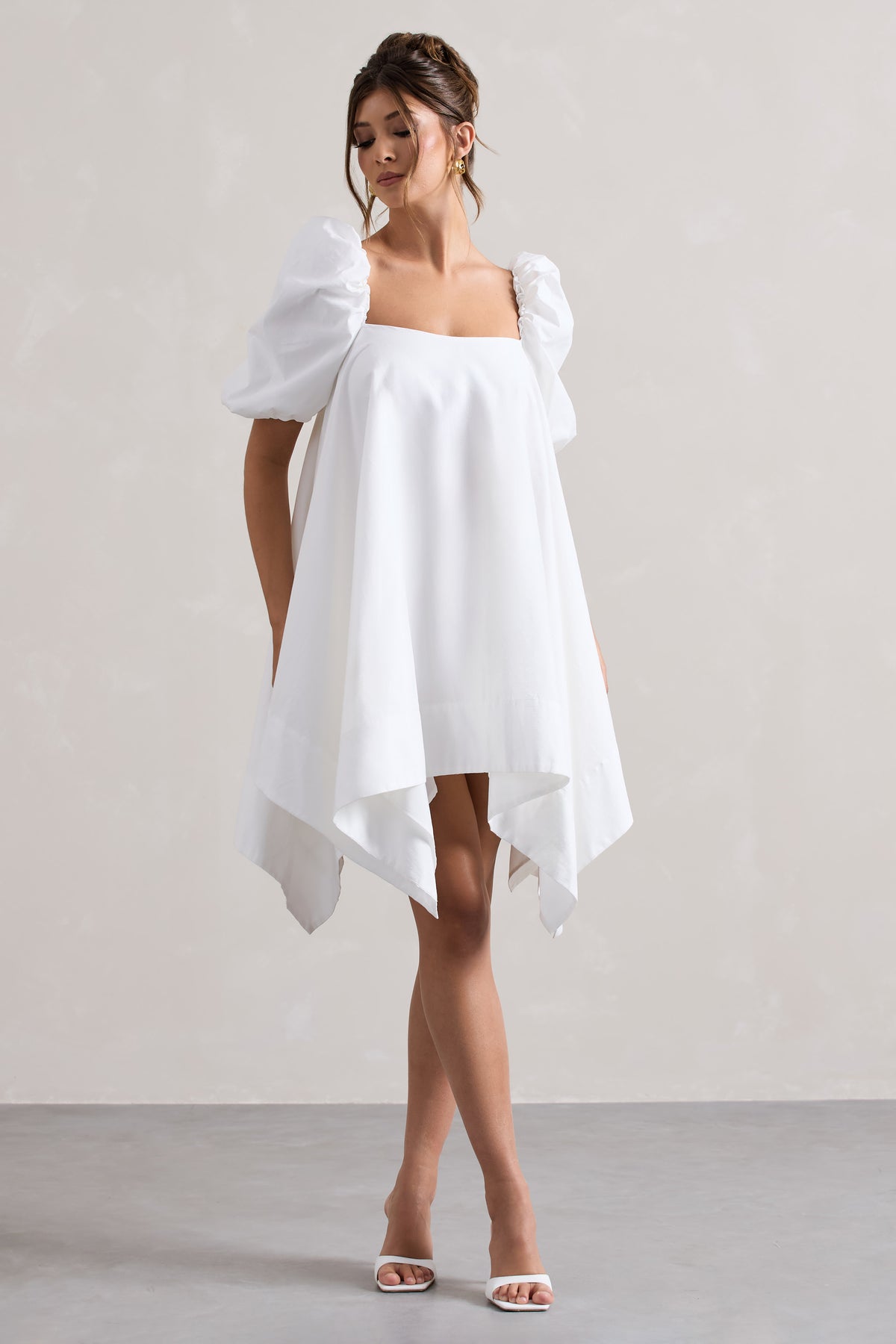 Raindrop Poplin Puff Sleeve Draped Mini Dress
