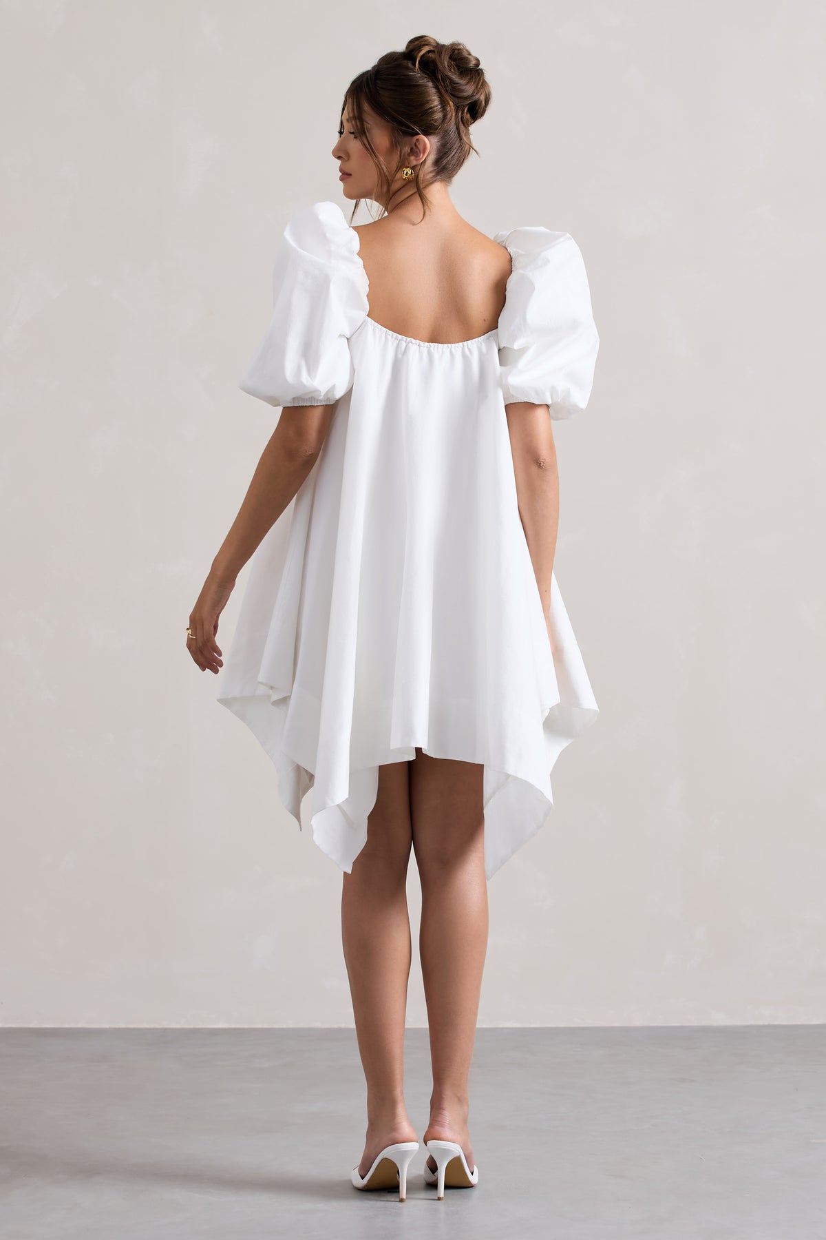 Raindrop | White Poplin Puff-Sleeve Draped Mini Dress