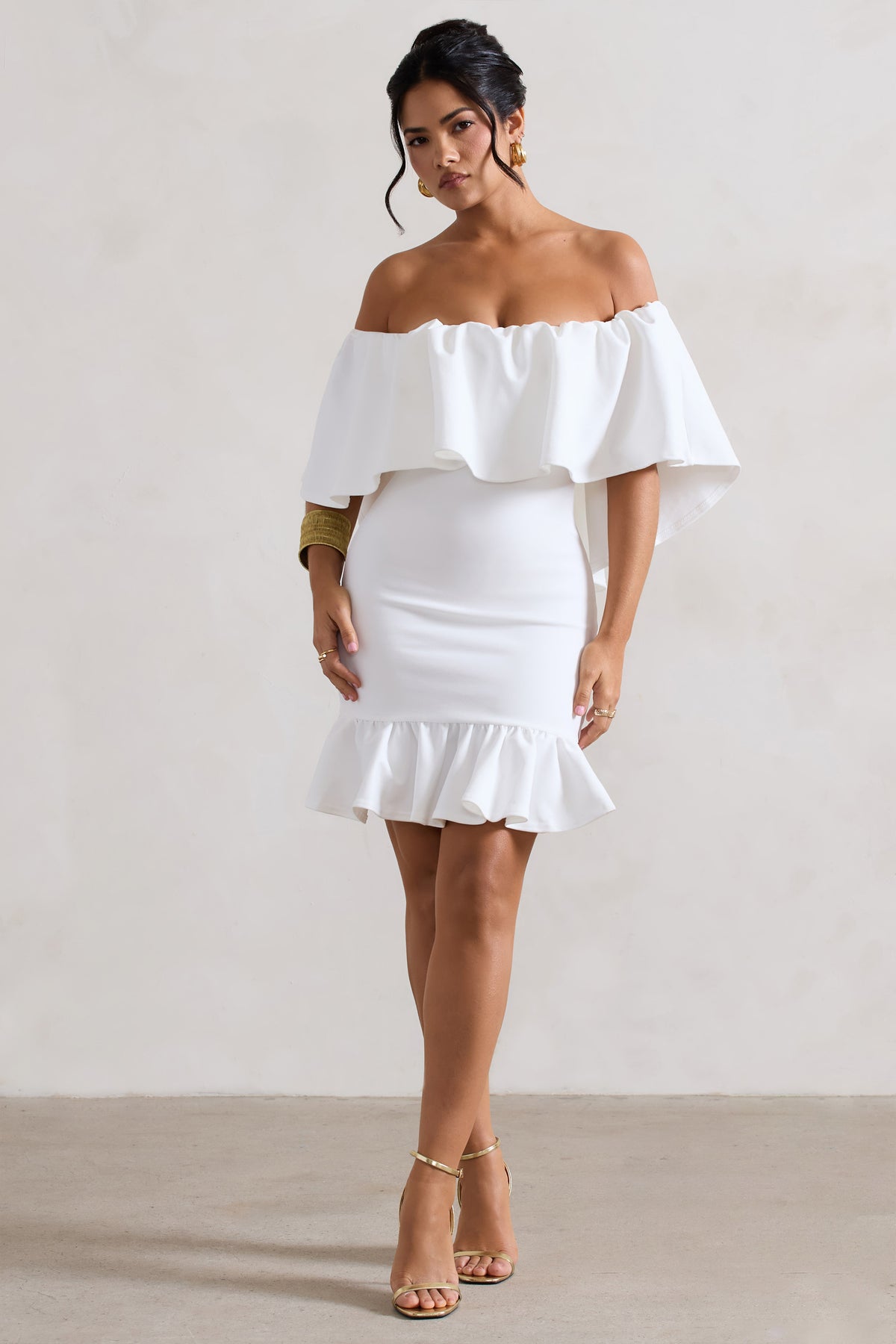 Neha | White Ruffled Bardot Mini Dress