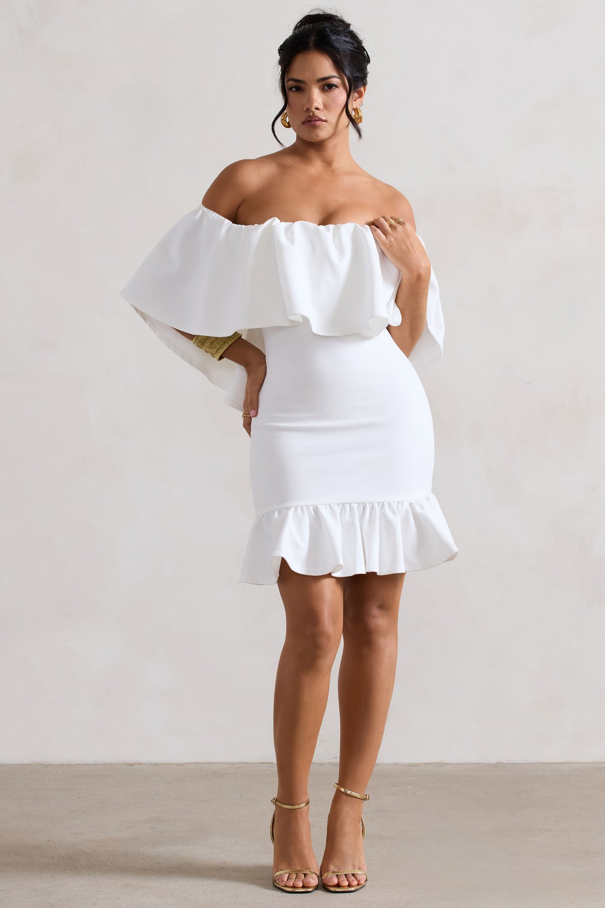 Neha | White Ruffled Bardot Mini Dress