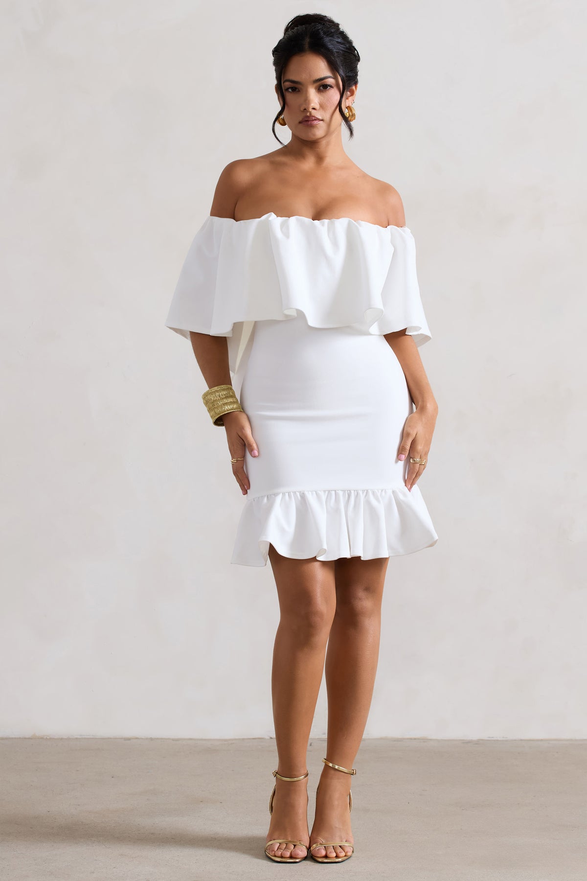 Neha | White Ruffled Bardot Mini Dress