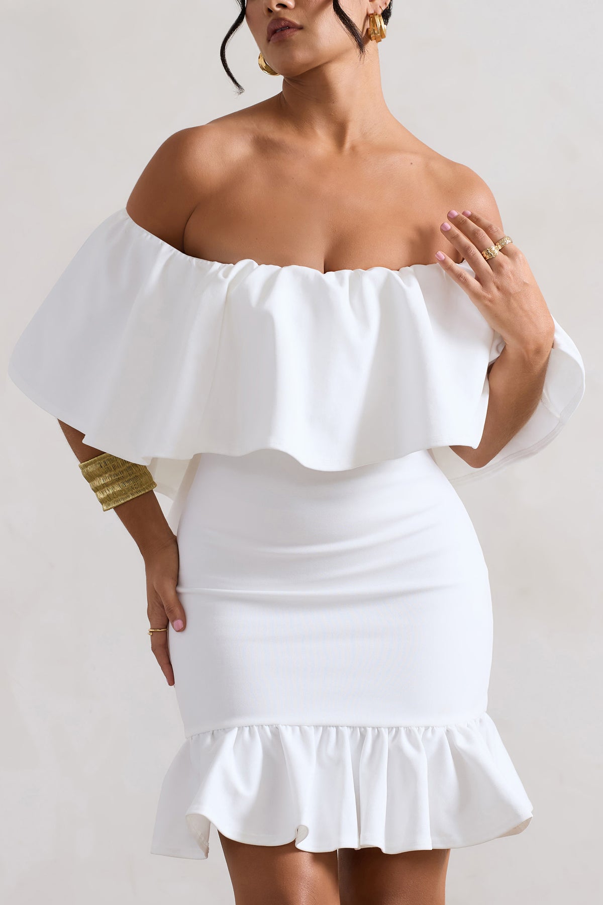 Neha | White Ruffled Bardot Mini Dress