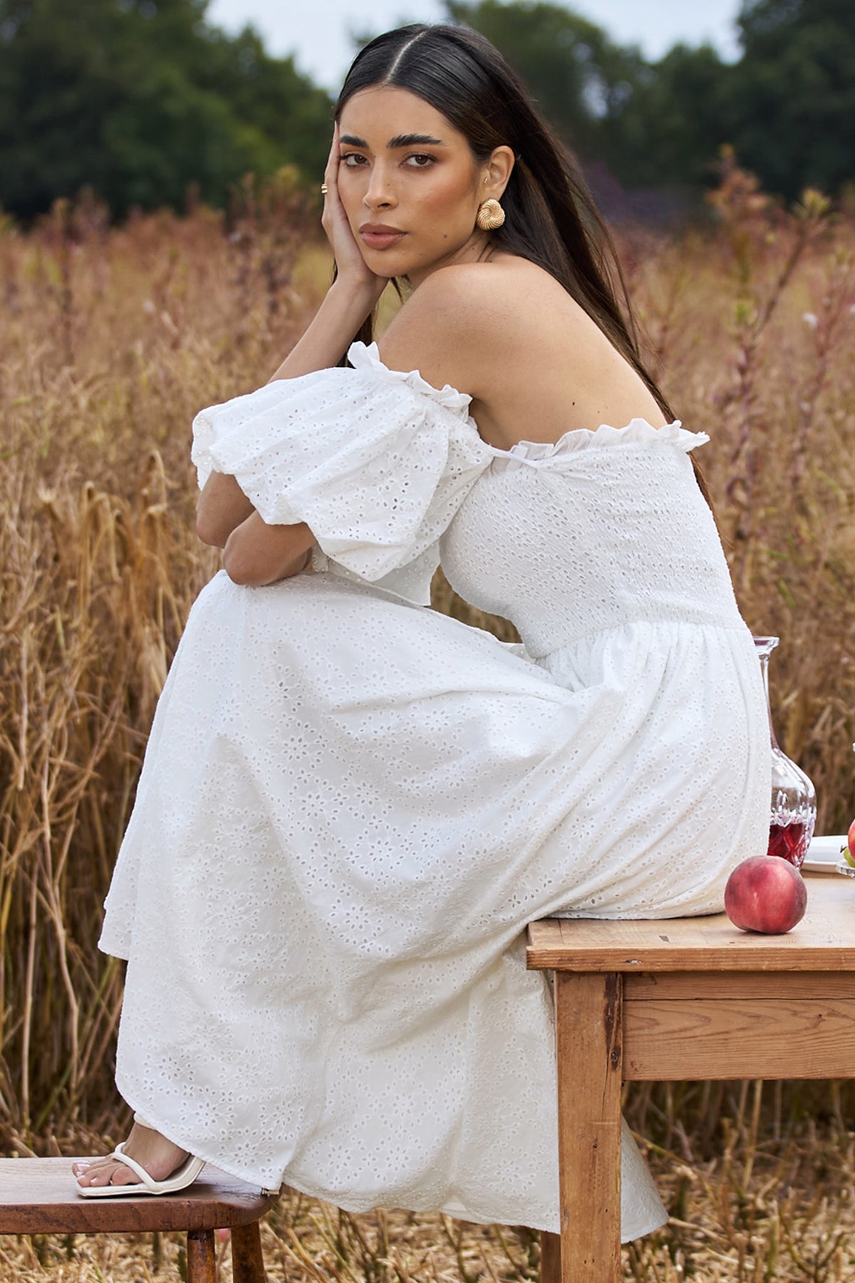 Halo | White Broderie Bardot Midi Dress
