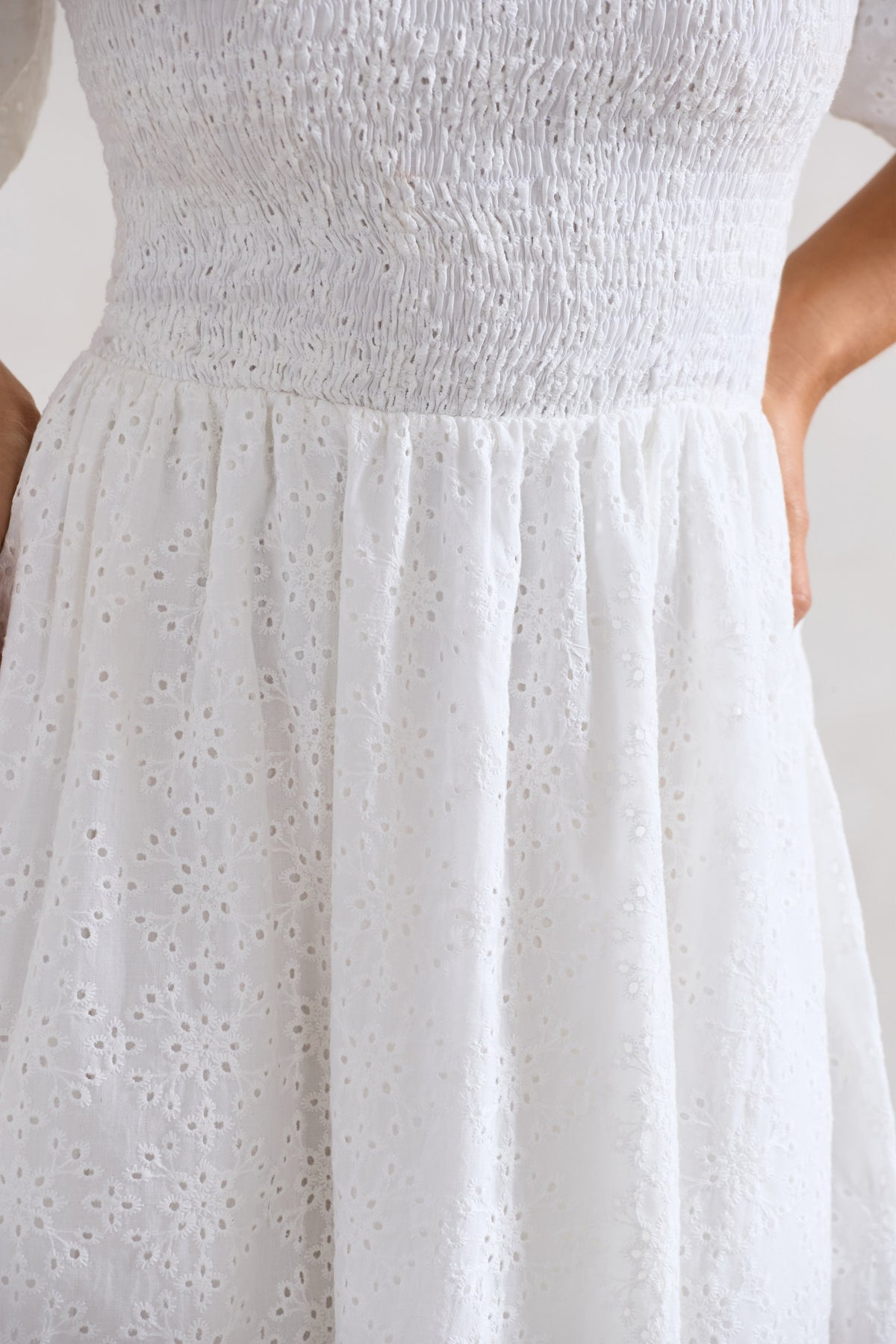 Halo | White Broderie Bardot Midi Dress