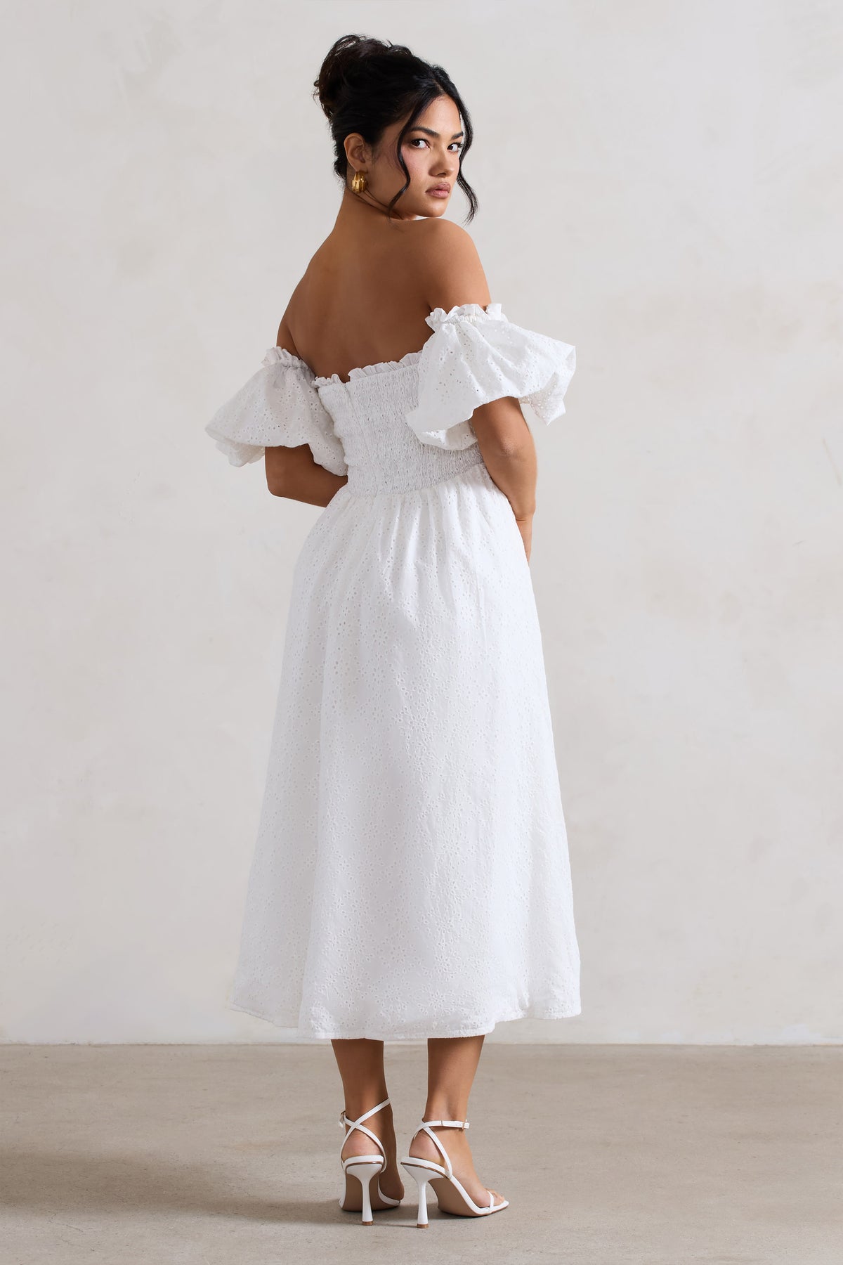 Halo | White Broderie Bardot Midi Dress