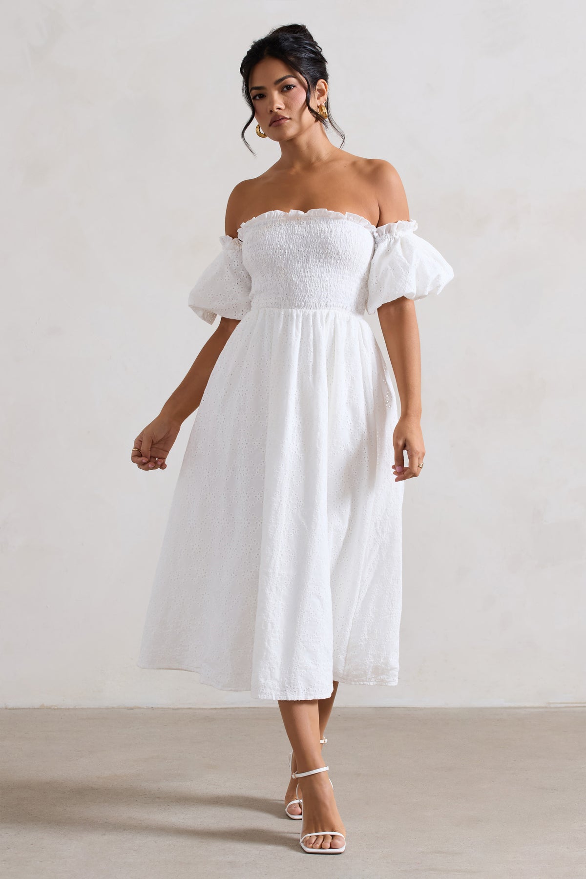 Halo | White Broderie Bardot Midi Dress