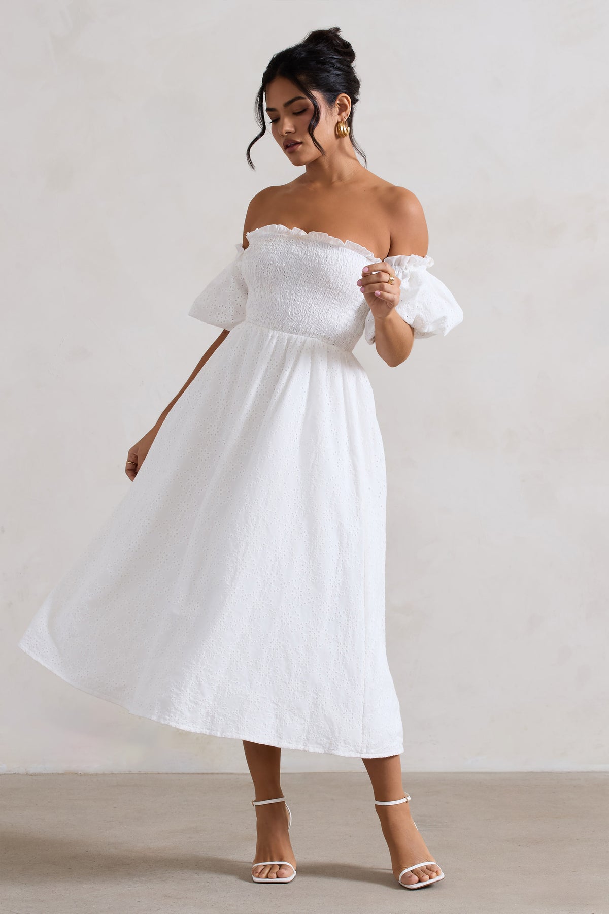 Halo | White Broderie Bardot Midi Dress