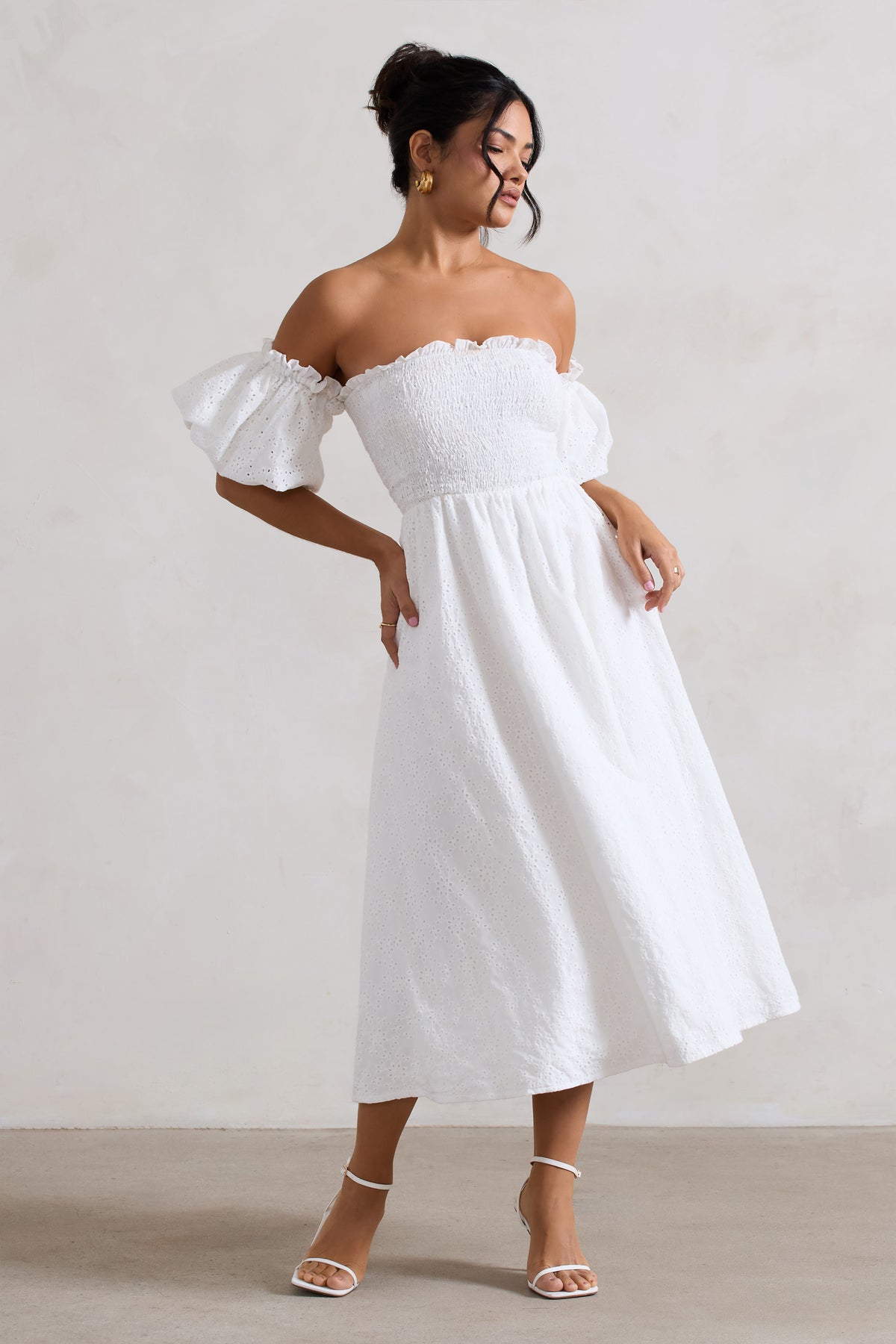 Halo | White Broderie Bardot Midi Dress