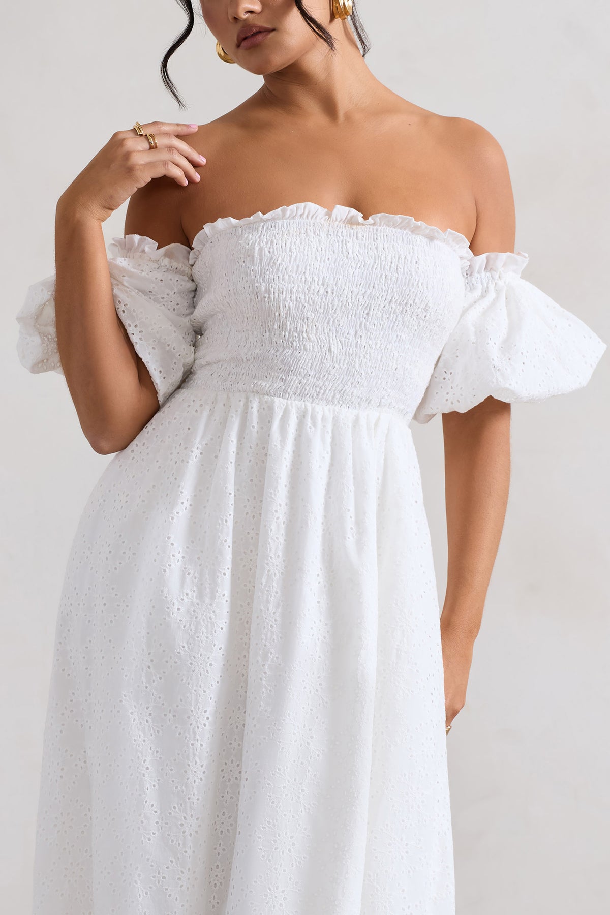 Halo | White Broderie Bardot Midi Dress