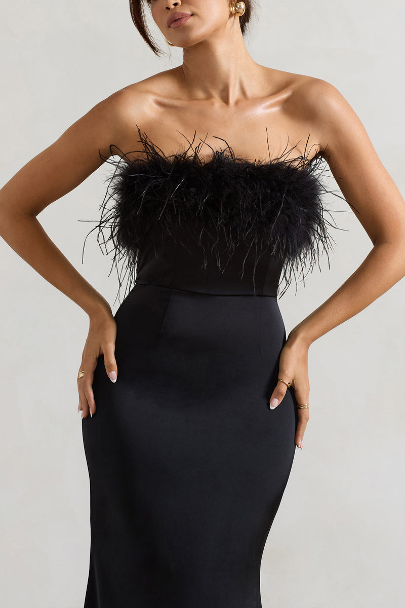 Dress For It Black Satin Feather Trim Maxi Dress – Club L London - UK