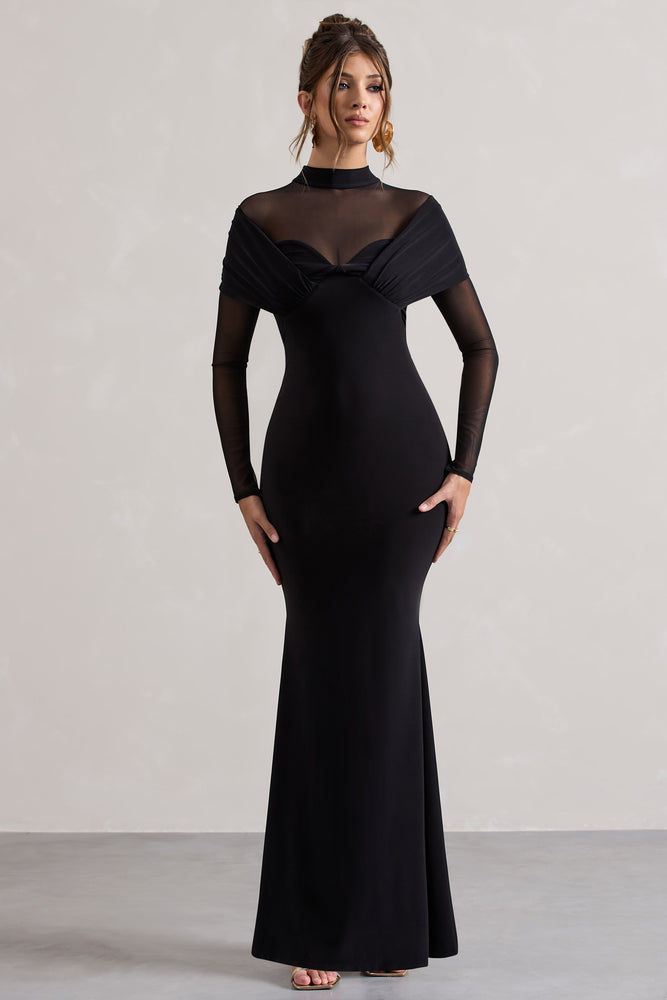 Tasha Black Mesh High Neck Long Sleeve Maxi Dress Club L London UK