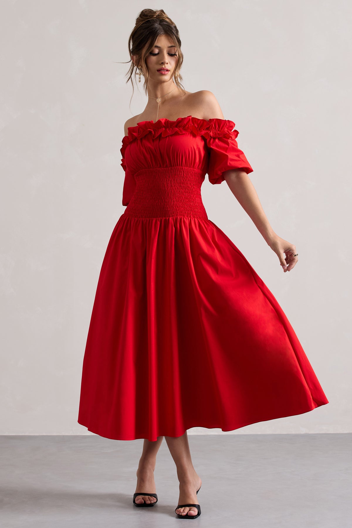 Romeo | Red Poplin Bardot Ruffle Midi Dress