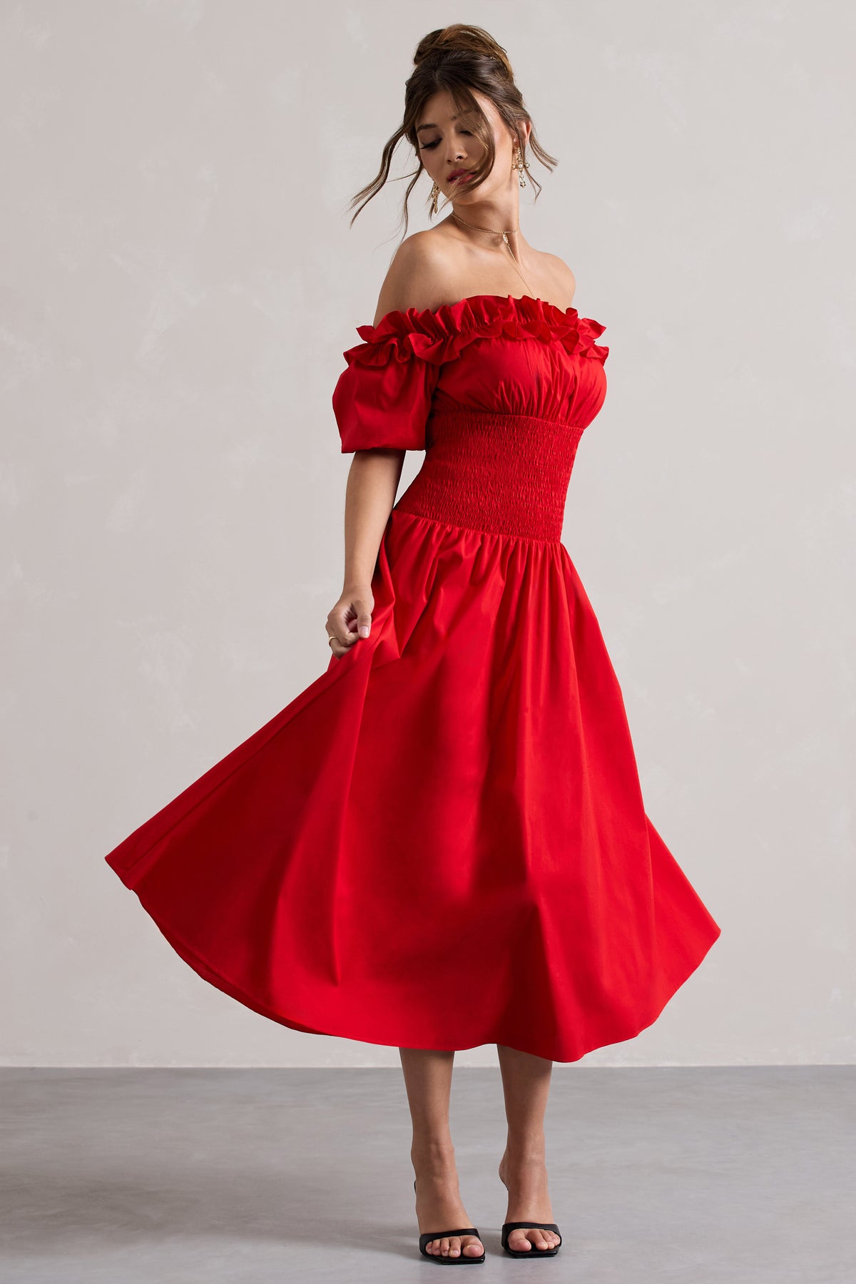 Romeo | Red Poplin Bardot Ruffle Midi Dress