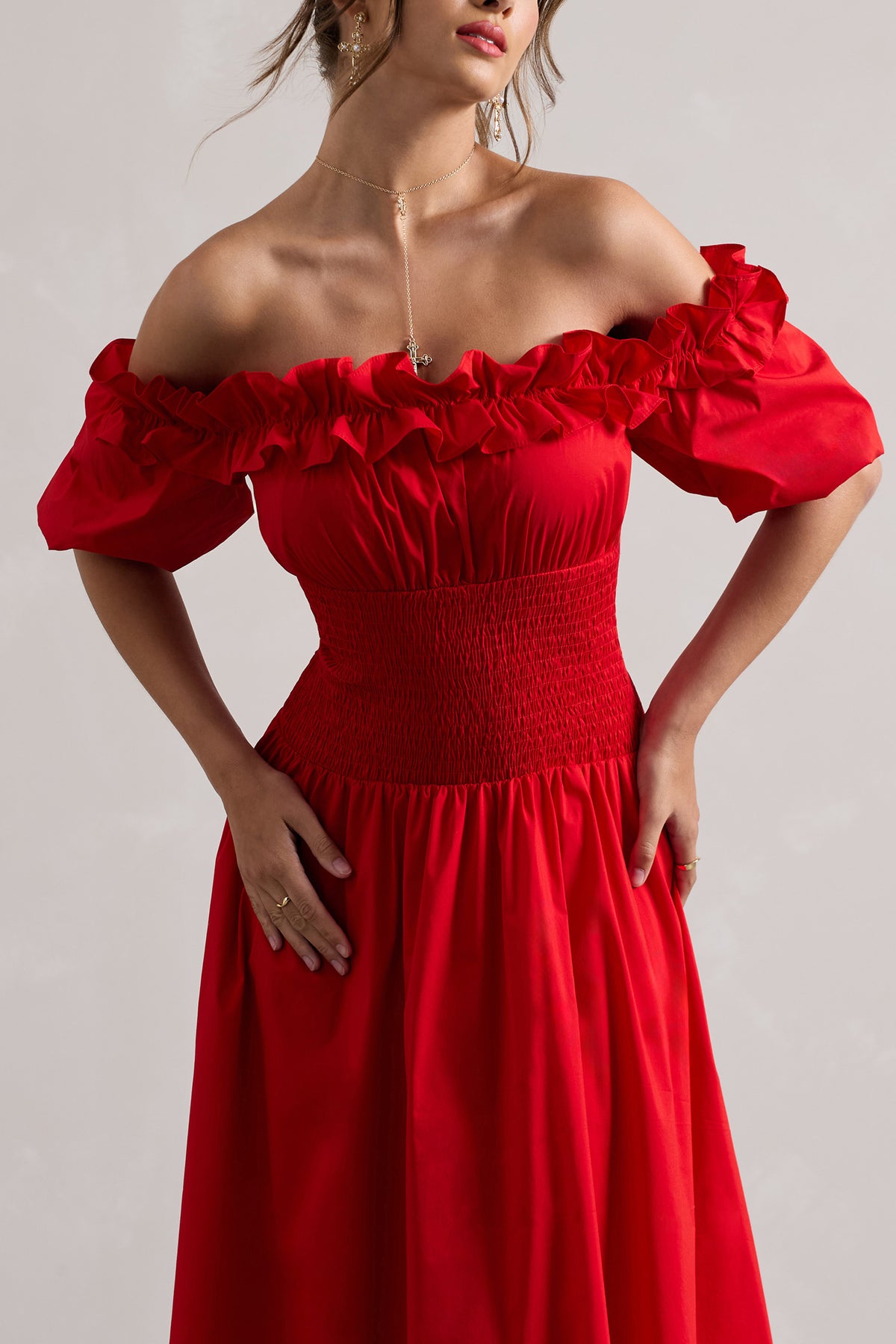 Romeo | Red Poplin Bardot Ruffle Midi Dress