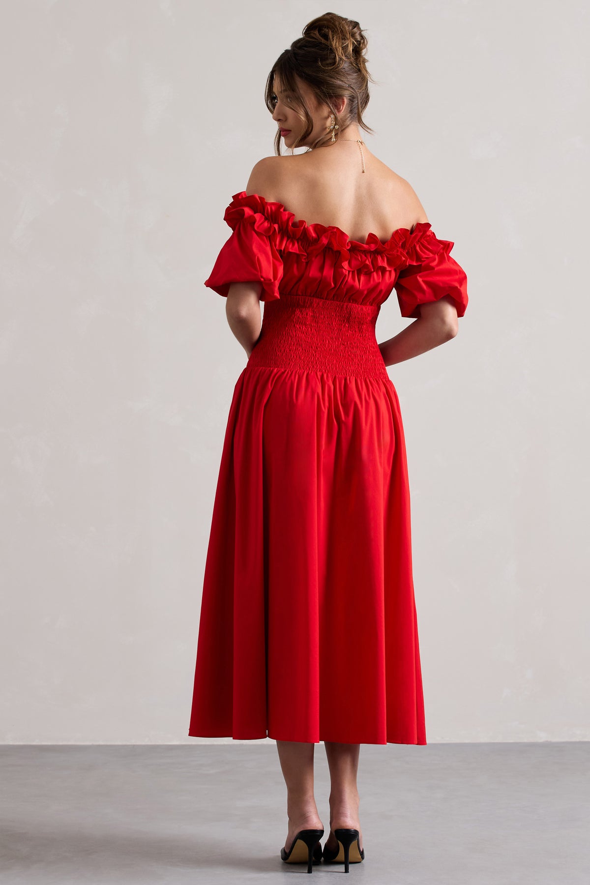 Romeo | Red Poplin Bardot Ruffle Midi Dress