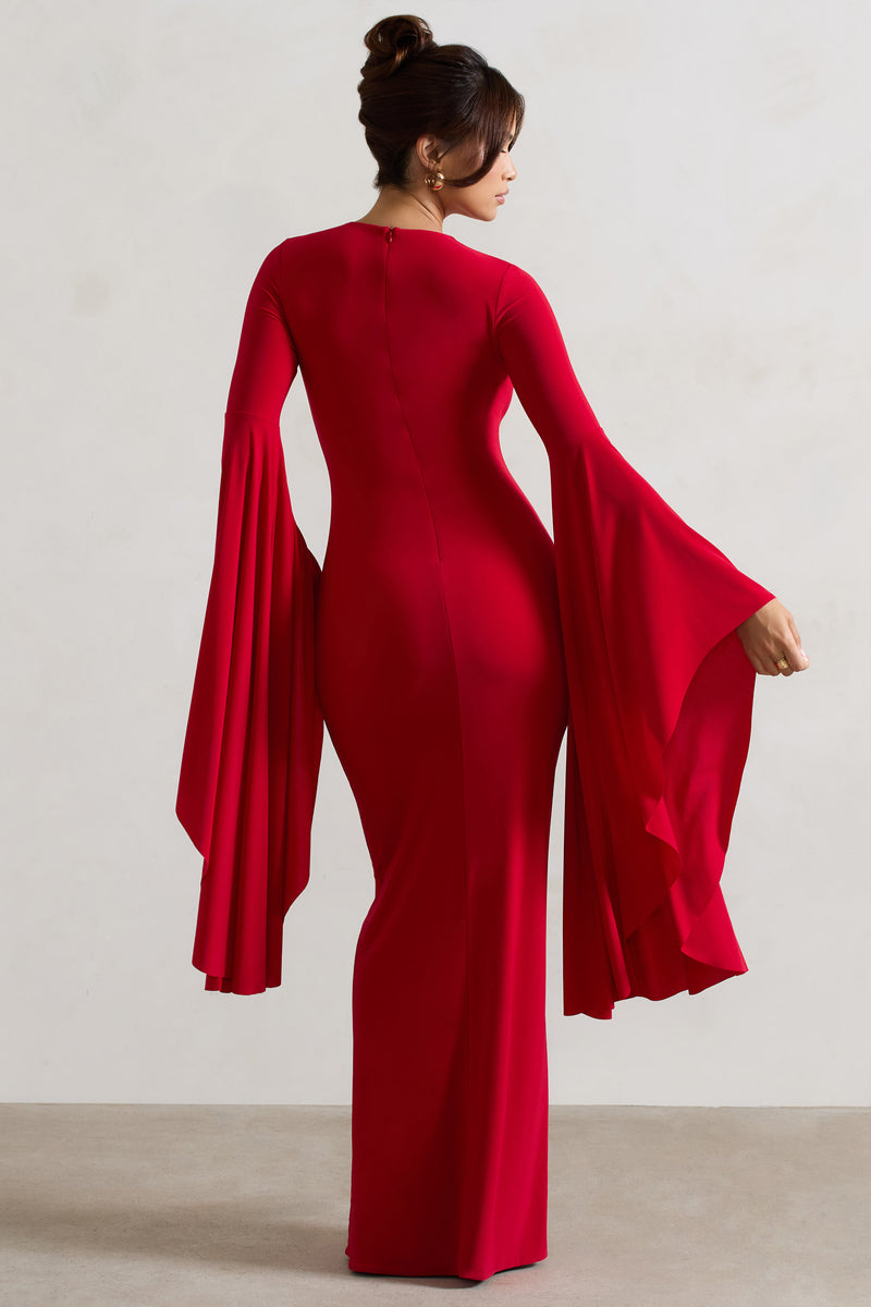 modena-red-waterfall-sleeve-maxi-dress-club-l-london-uk