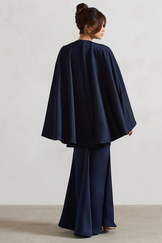 Yasie Navy Satin Plunge-Neck Maxi Dress With Cape Sleeves