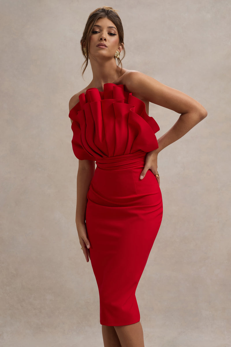 Oria Red Ruffled Strapless Midi Dress – Club L London - UK