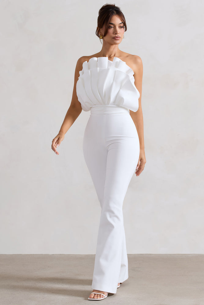 Nicia White Ruffled Strapless Flared-Leg Jumpsuit