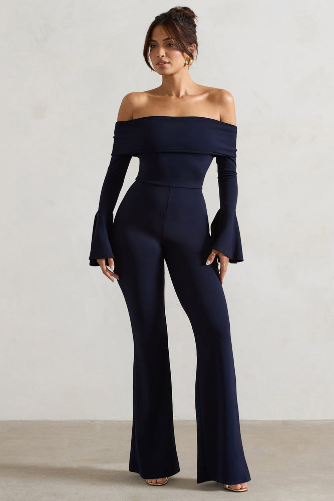 Shauna Navy Bardot Long-Sleeve Flared Jumpsuit – Club L London - UK