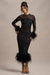 Afterglow | Black Sequin Long-Sleeve Midi Dress With Feather Trims
