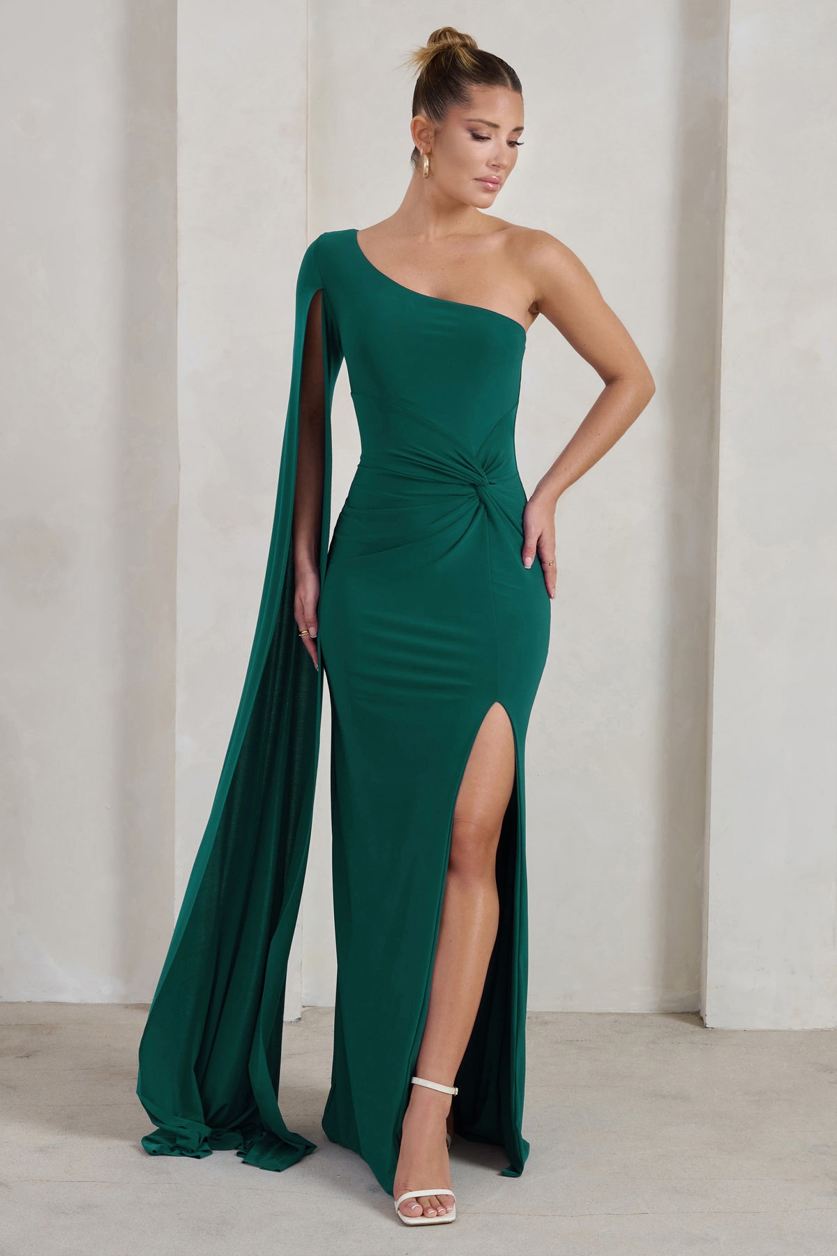 Romi Bottle Green One Shoulder Twist Design Maxi Dress Club L