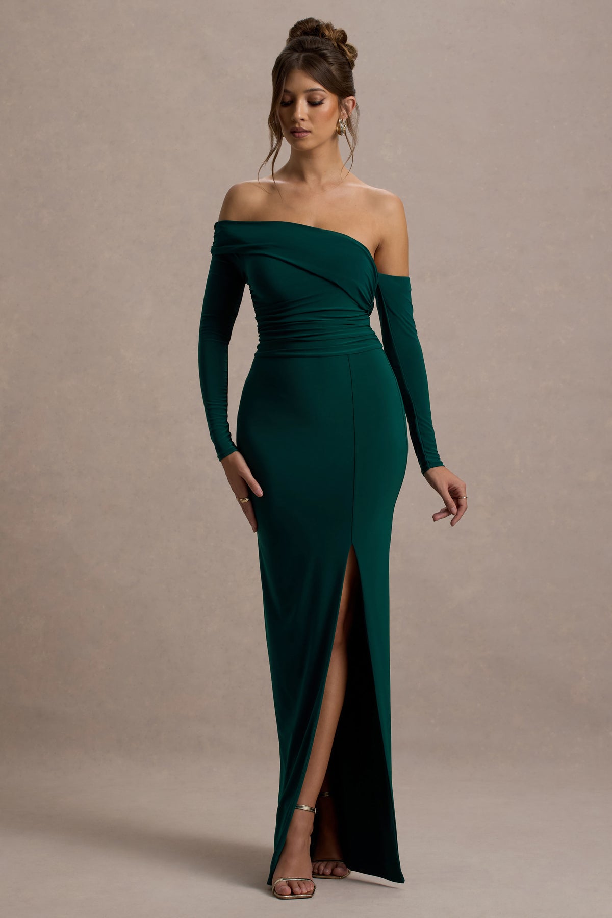 club l Stand Out Bottle Green Bardot Long Sleeve Ruched Maxi With