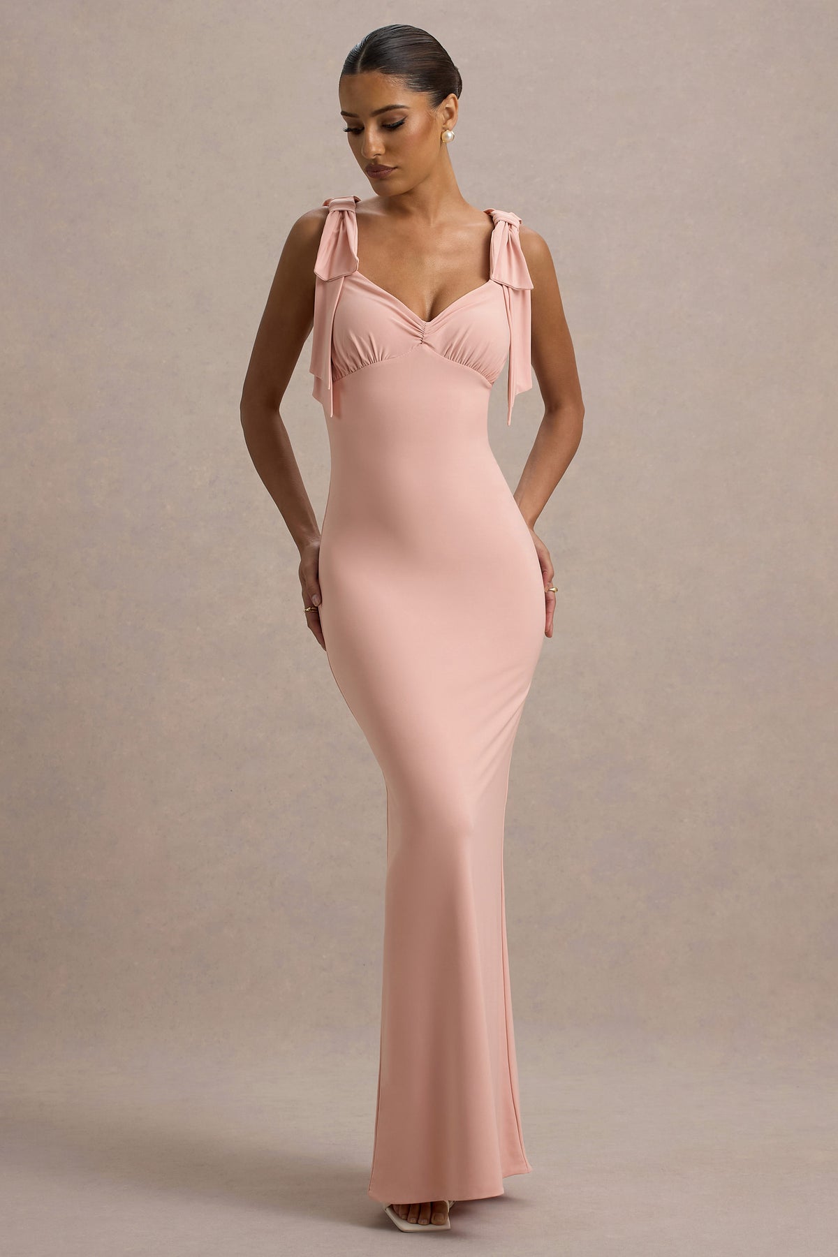 Evanna Pink V-Neck Maxi Dress With Bow Straps - Main Image