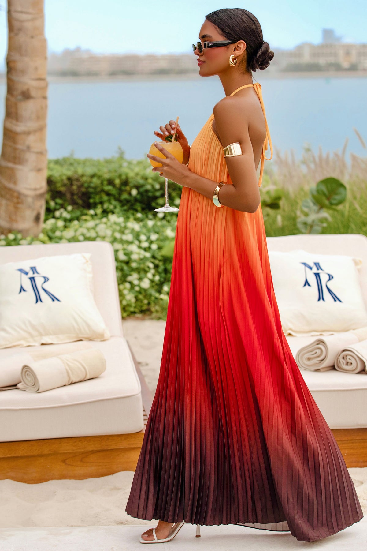orange ombre dress Pink and Charmeuse Ruffle Strap Crossover Gown Twist Front Detail MINKPINK Cosima Ombre Mesh Maxi