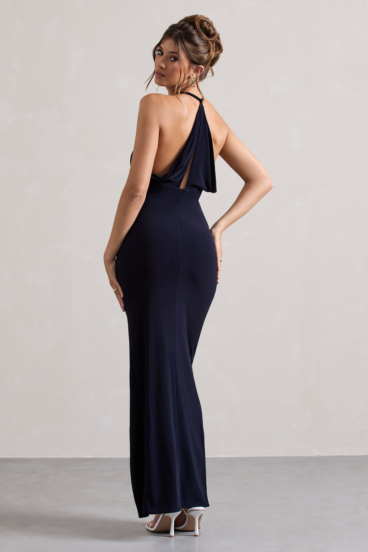 navy halter dress for wedding The Cascade Navy Halter A-Line Chiffon Ruffled Wedding Guest Dress