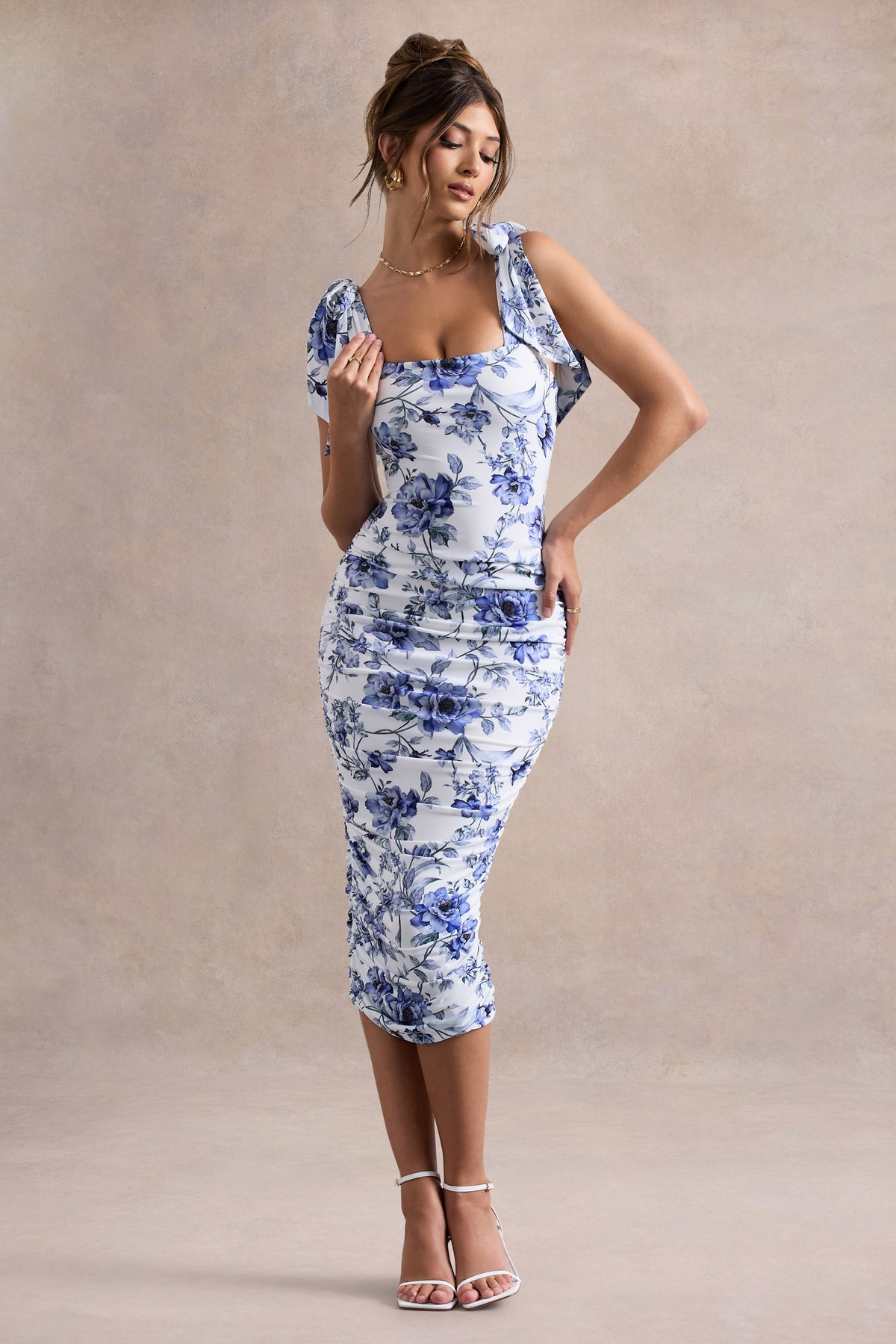 club l Cordelia Blue Porcelain Print Bodycon Midi Dress With Bow Straps | Clothing club l Cordelia Blue Porcelain Print Bodycon Midi Dress With Bow Straps | Clothing