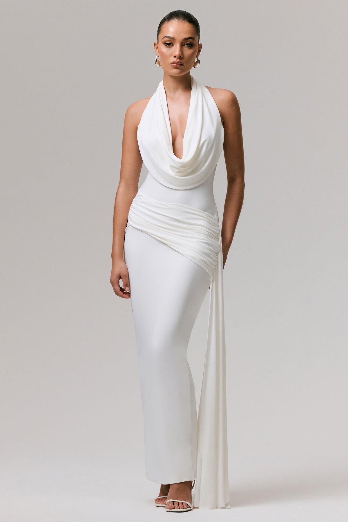 Maude White Plunge-Neck Ruched Maxi Dress With Sash Club L London - UK Maude White Plunge-Neck Ruched Maxi Dress With Sash Club L London - UK