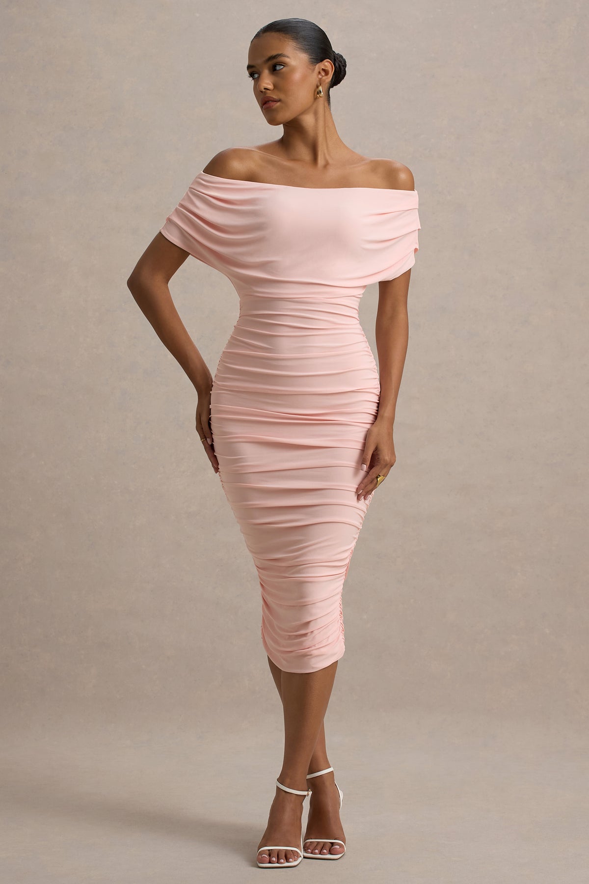 Rayleigh Pink Bardot Ruched Midi Dress