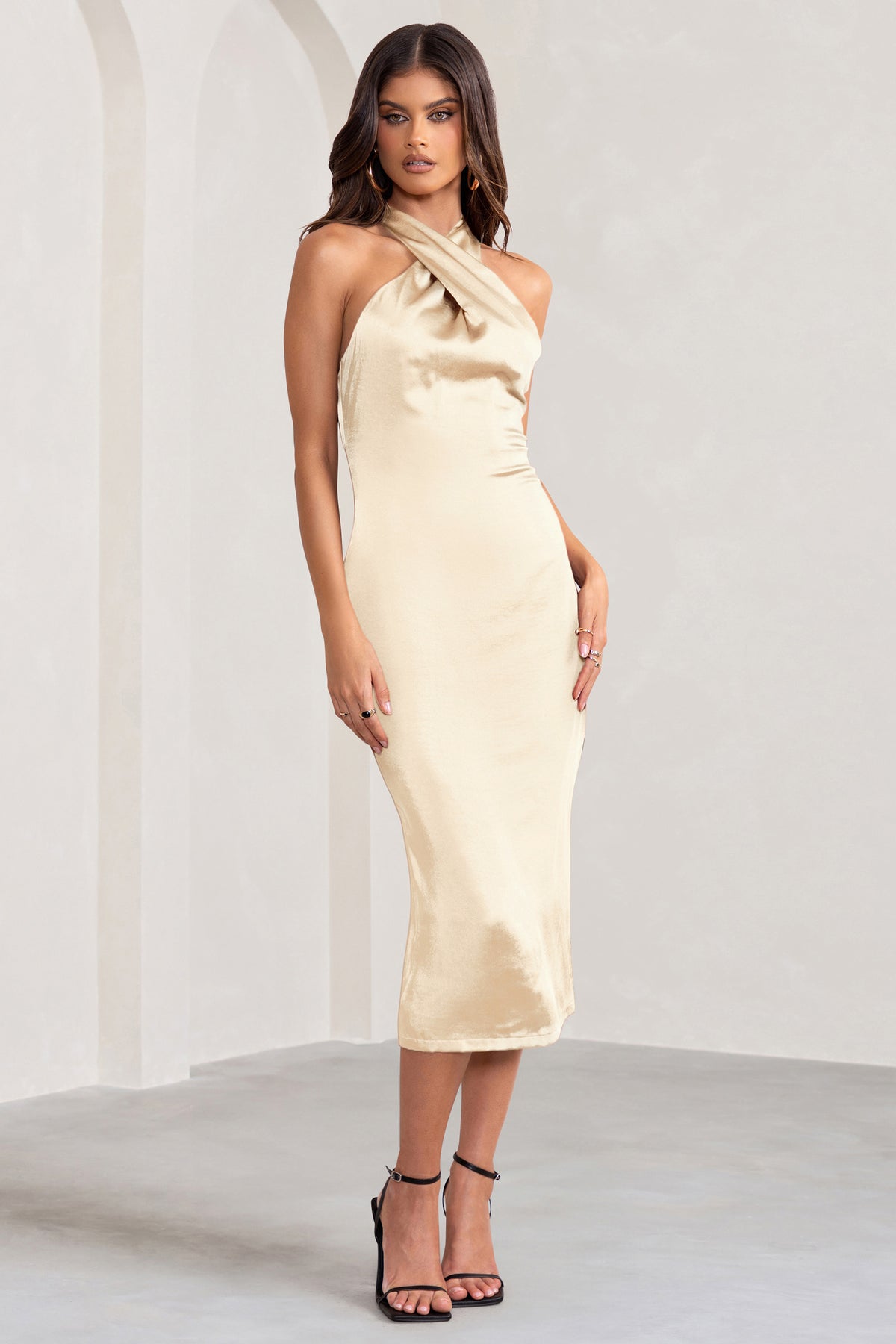 club l Dazzling Champagne Satin Cross Over Halter Neck Midi Dress