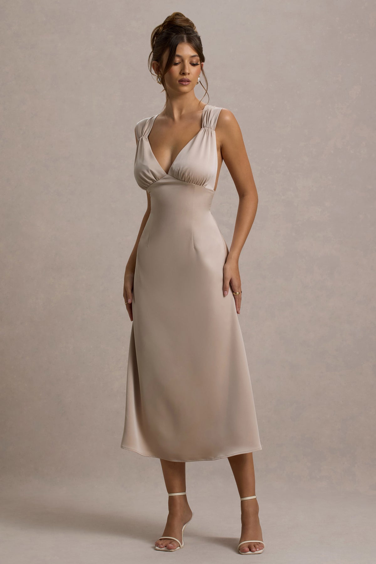 club l Beck Champagne Satin Plunge-Neck Cross-Back Midi Dress | Clothing club l Beck Champagne Satin Plunge-Neck Cross-Back Midi Dress | Clothing