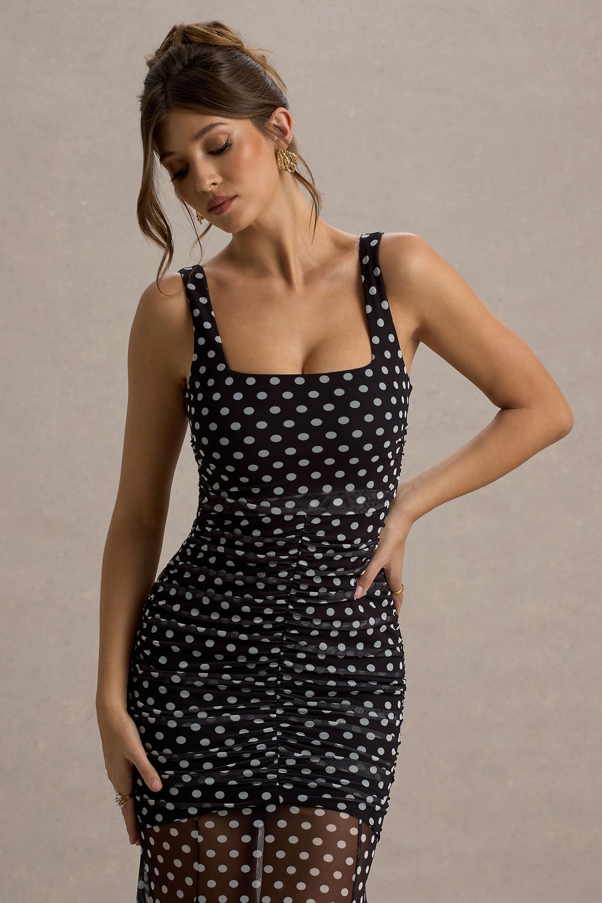 Galaxia Black & White Polka Dot Maxi Dress With Mesh Skirt Club L London - UK Galaxia Black & White Polka Dot Maxi Dress With Mesh Skirt Club L London - UK