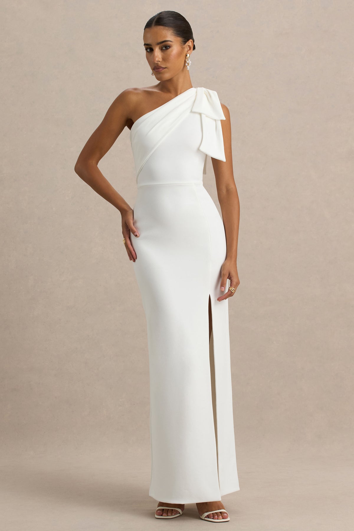 Kiri White One-Shoulder Bow Maxi Dress Club L London - UK Kiri White One-Shoulder Bow Maxi Dress Club L London - UK