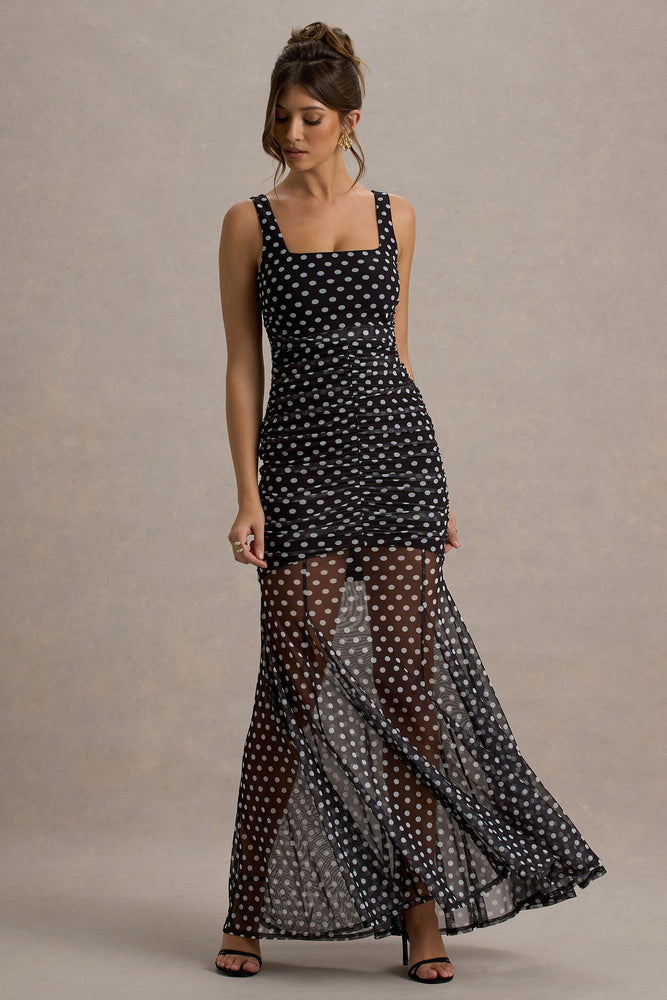 Galaxia Black White Polka Dot Maxi Dress With Mesh Skirt – Club