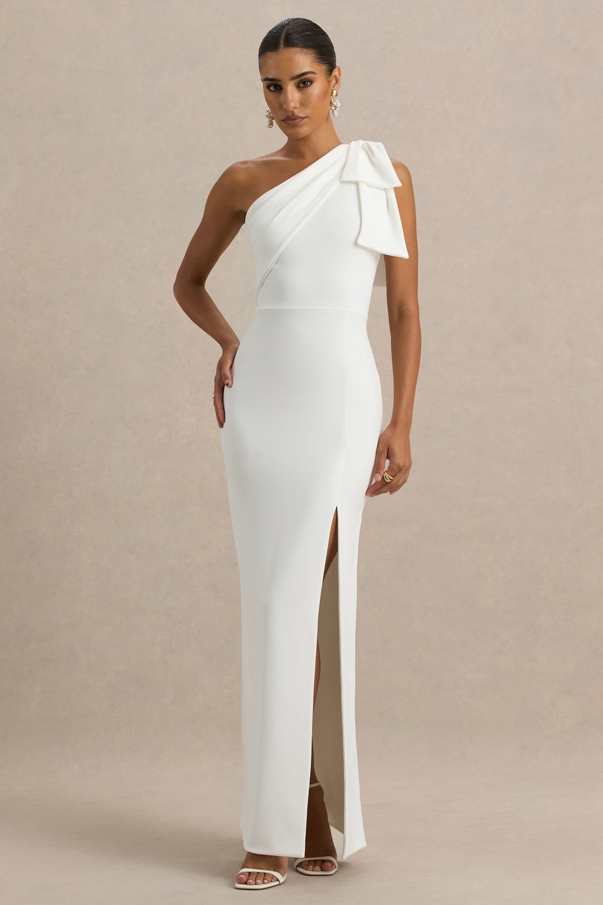 Kiri White One-Shoulder Bow Maxi Dress Club L London - UK Kiri White One-Shoulder Bow Maxi Dress Club L London - UK