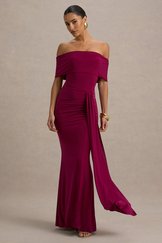 Delma Burgundy Bardot Maxi Dress With Drape Detail – Club L London