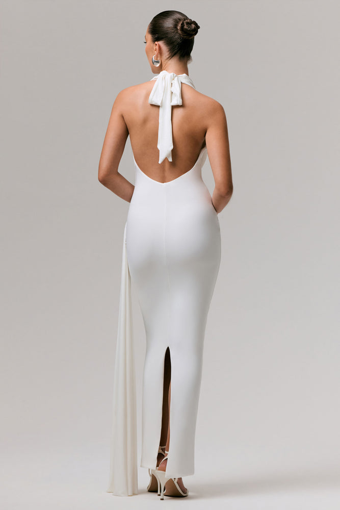 strapless open back dress Maude White Plunge-Neck Ruched Maxi Dress With Sash – Club L London