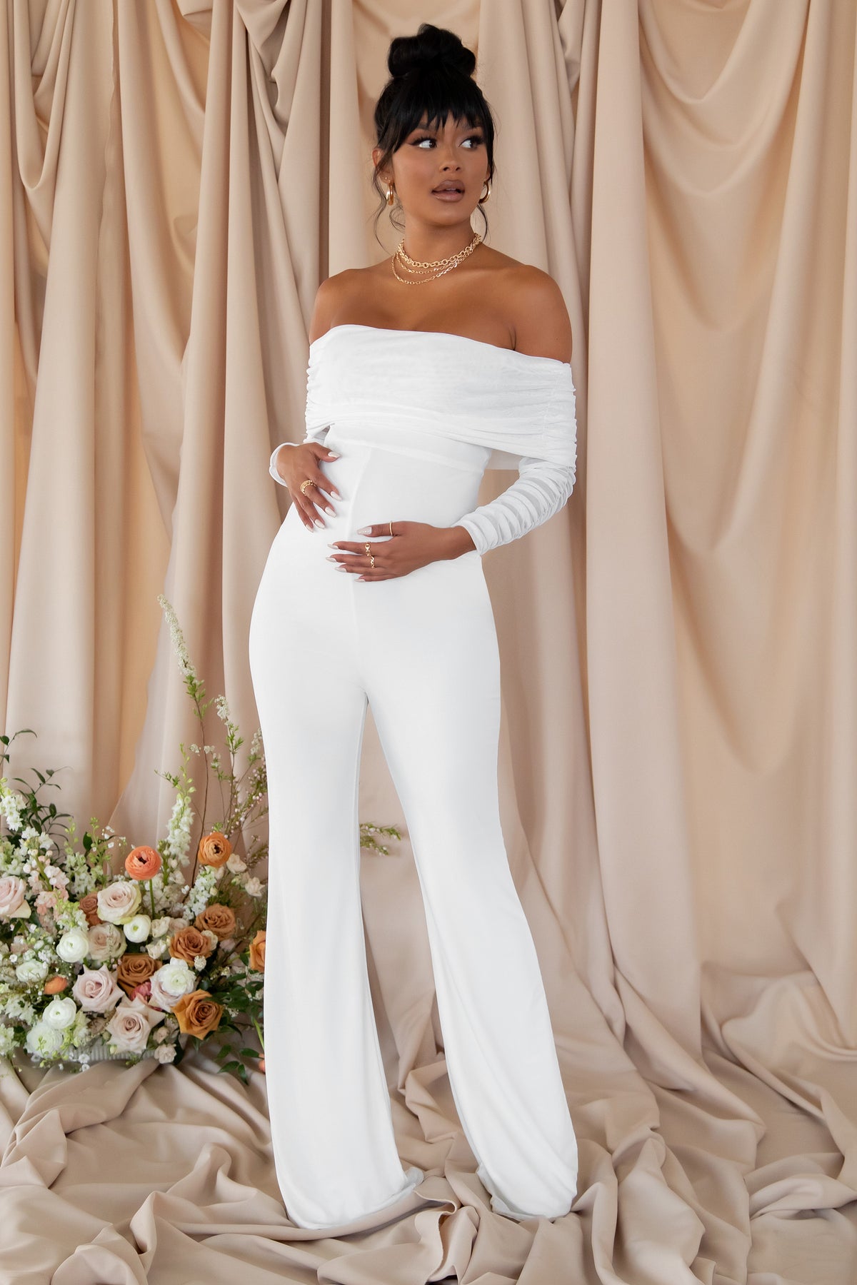Count Down White Maternity Ruched Mesh Bardot Jumpsuit – Club L
